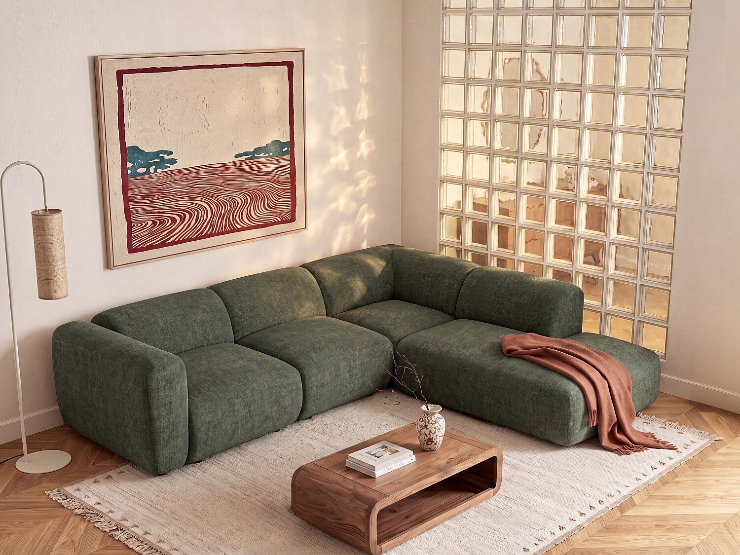 Unique Gran sofá modular rinconera con respaldo chaise longue en tela verde - POGNI de Maison Céphy
