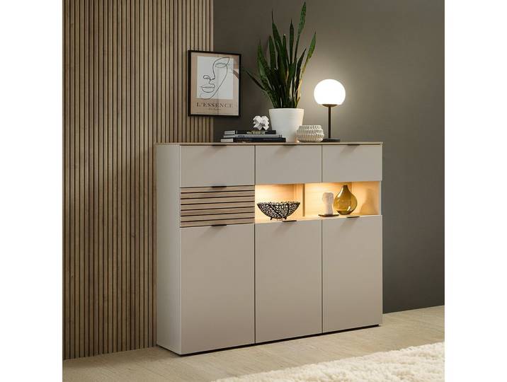 Lomadox Highboard ISCHIA-36, inkl. LED Beleuchtung, Beige mit Eiche, 125 cm breit, Softclose