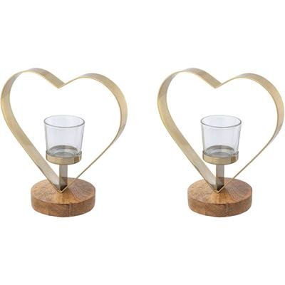 Teelichthalter CREATIV HOME "Kerzenhalter Herz", beige (champagnerfarben), B:20cm H:20cm T:10cm, Edelstahl, Glas, Massivholz, Kerzenhalter, Teelichthalter, aus Holz, Edelstahl und Glas