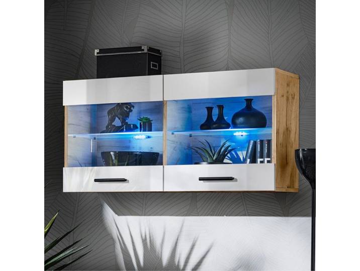 Vitrine Armoire Savona Komodee - LED bleues - Blanc Brillant et Bois Naturel - Facades en Brillant - 100 x 50 x 30 cm