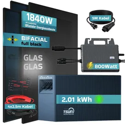 SUNNIVA® 1840W Balkonkraftwerk mit 2,01 kWh Speicher TSUN SOLARCAN TSOL-DCU2000Lite, BIFAZIAL FULLBLACK komplett Steckdose, PV Solaranlage Komplettset mit Solarspeicher, 4x 460W Glas-Glas Bifacial