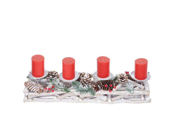 Jamb Adventskranz Länglich Holz Kerzen ROT Weiß, Rot, Holz, 11 cm, Dekoration, Weihnachtsdekoration, Adventskranz