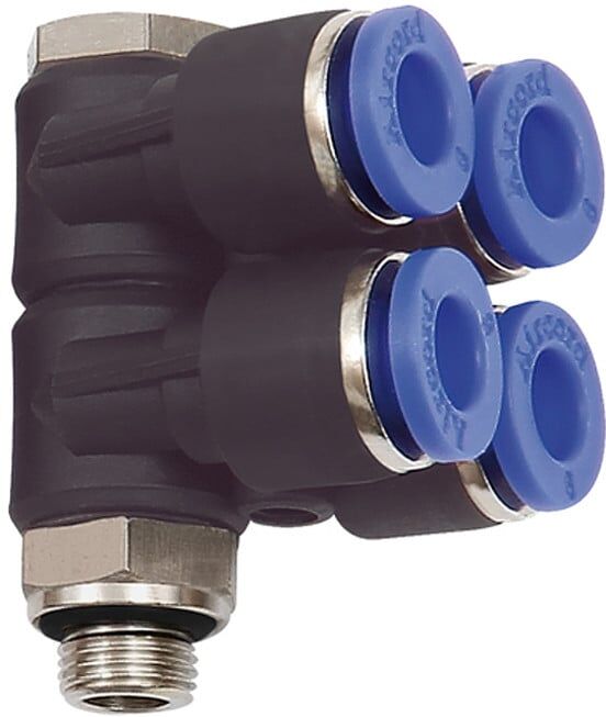Riegler L-Distributeur multiple « Série bleue », 4 voies, pivotant, G3/8 à Ø10mm (214.038-10)
