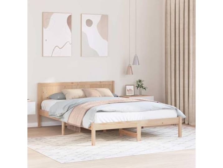 Massivholz Kiefer minimalistisches Kopfteil Bettgestell Braun 160 x 200 cm Bettgestell Massivholz Kiefer Braun 160x200 cm mit Kopfteil Modernes Design Stabil Holz Bett Rahmen King Size Max 200kg
