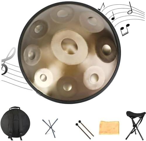Handpan Drum Instrument, 22 Zoll Handpan Trommel Stahltrommel In D-Moll, 9 Noten 440Hz Percussion Musikinstrumente Handtrommel Set, Handgefertigt, Mit Tasche Schlägel Ständer - Gold