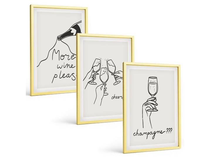 BILDER SET 3er Set - 40x60 cm Goldrahmen - Champagner-Wein-Linienzeichnung