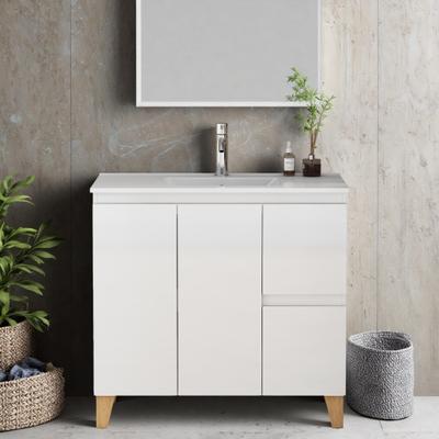 ZWYO HOSIMU 36-inch Solid Wood Bathroom Vanity with Ceramic Basin, 2 Doors & 2 Drawers, Soft-Close, Handle-Free Design