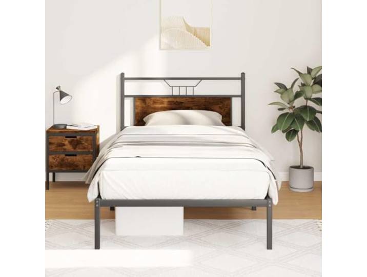 Bettgestell ohne Matratze Räuchereiche 100x200 cm Stahlrahmen Stabil, Mit Kopfteil, Unterboden Stauraum, Lattenrost Inklusive