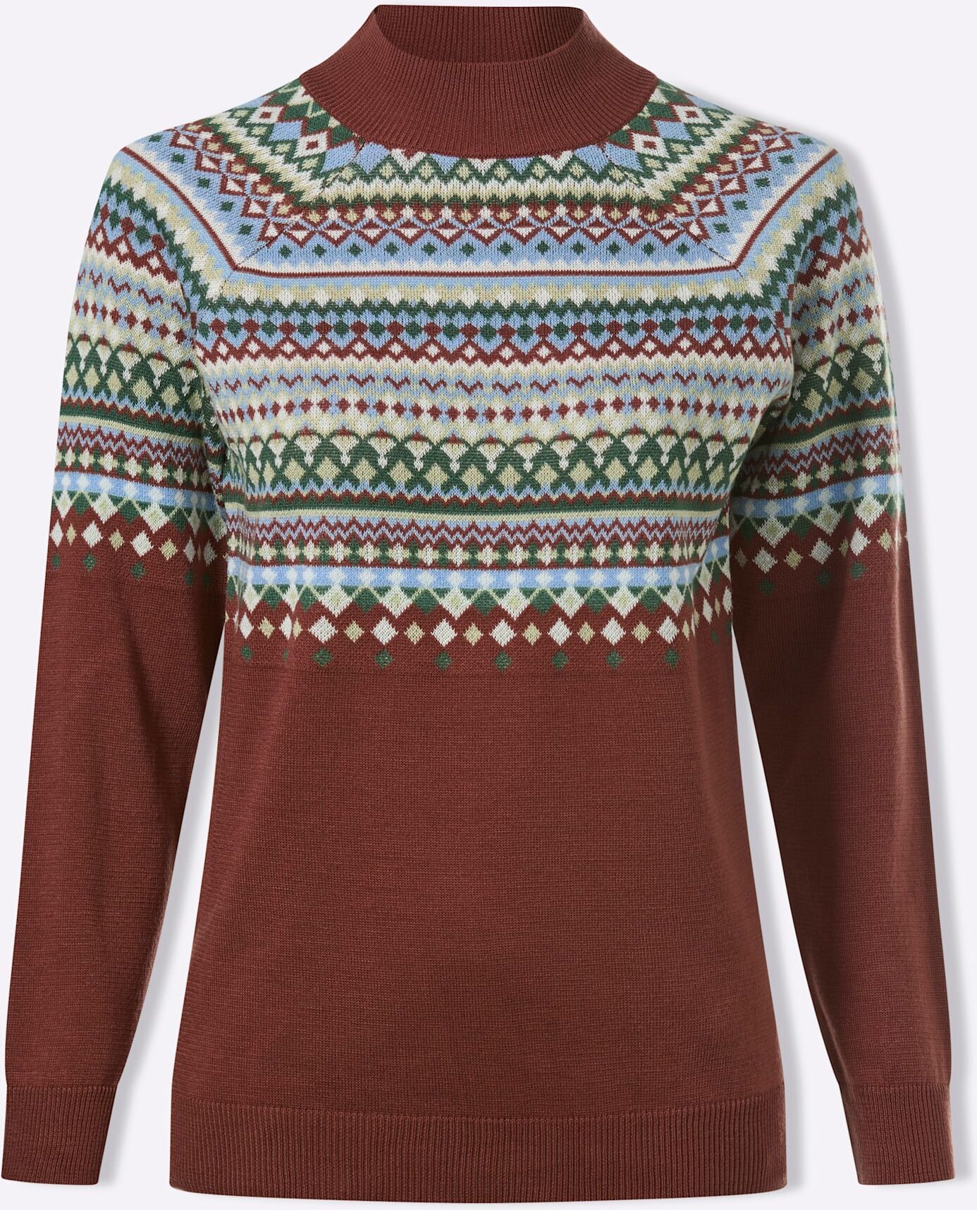 Norwegerpullover CLASSIC BASICS "Norwegerpullover", Damen, Gr. 48, braun (rotbraun, himmelblau, gemustert), 100% Polyacryl, gemustert, Pullover Norwegerpullover