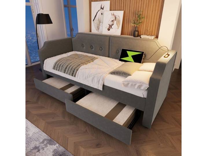 Lit banquette - SOGEU - 90x200 - 2 grands tiroirs - Capitonné velours - LED intégrée