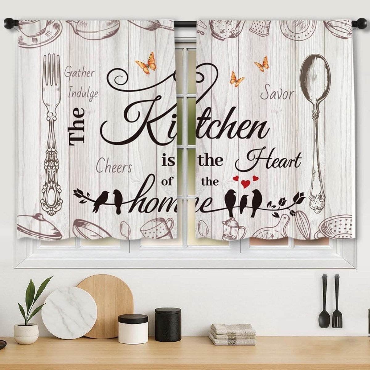 Korte landelijke keukengordijnen in vintage stijl, 2 panelen, tier gordijnen