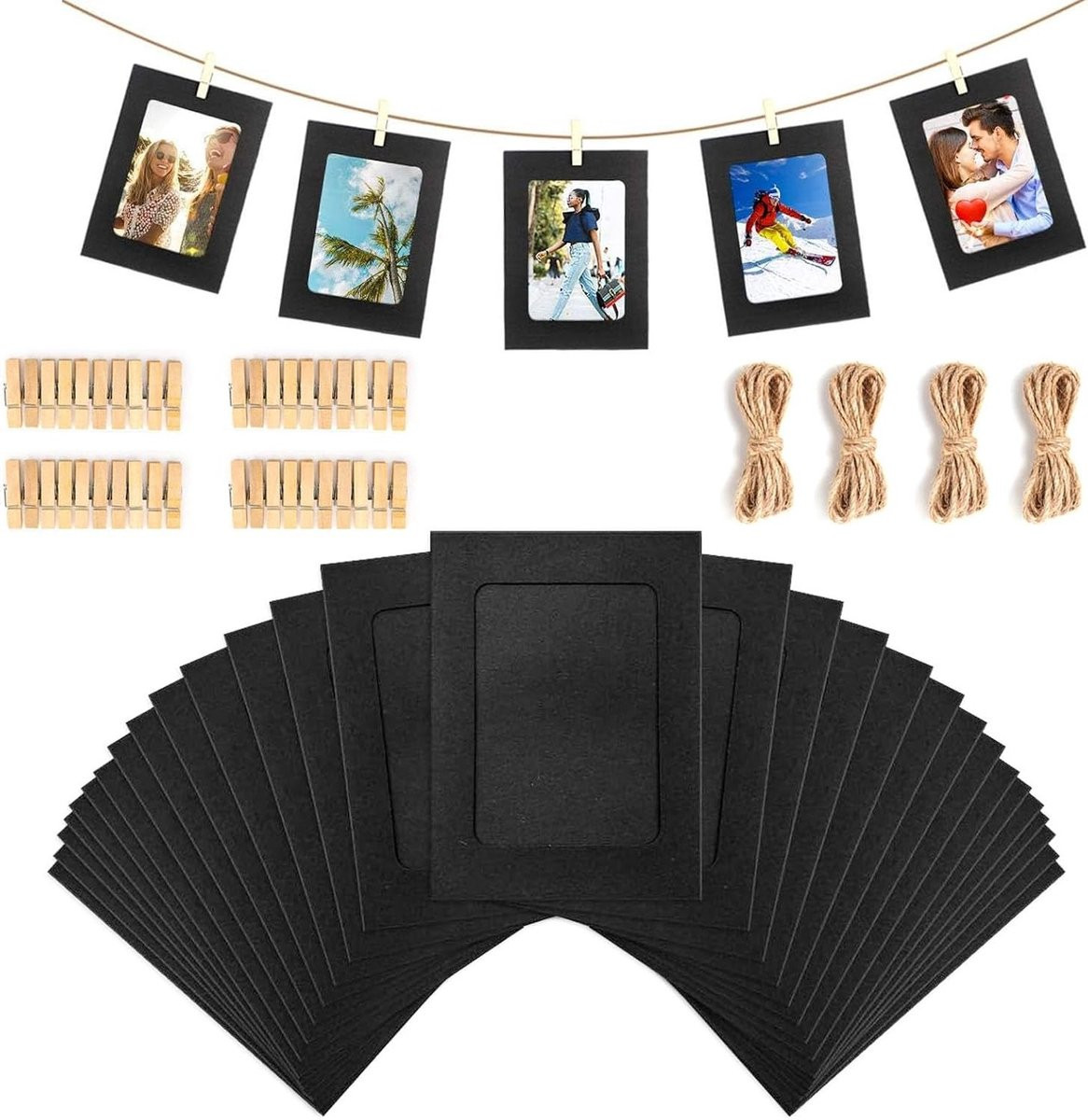 Ronte Fotolijsten Kraftpapier 30 stuks met clips en henneptouwen - Zwart