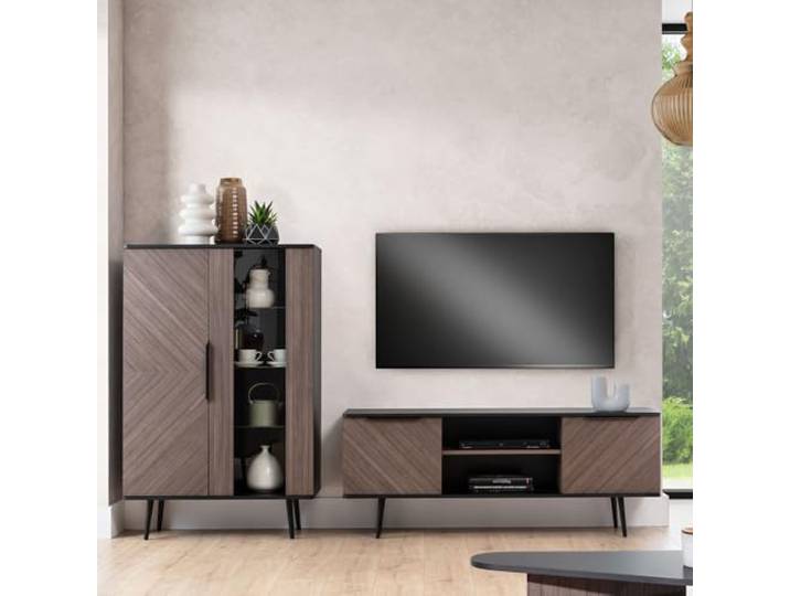 Lomadox Wohnwand Wohnmöbel Set in Graphit mit braun 2-teilig 1 Highboard, 1 Lowboard