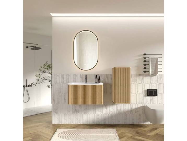 Meuble bain suspendu complet 80cm aspect chêne ensemble lavabo + colonne + miroir ovale LED cadre noir design moderne