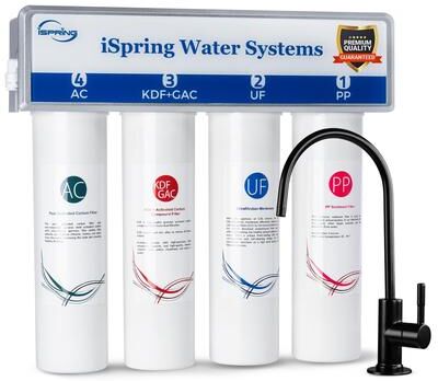 iSpring CUA4-BLK 0.01 Micron Under Sink Water Filter System, High Capacity Tankless Ultrafiltration Water Filter