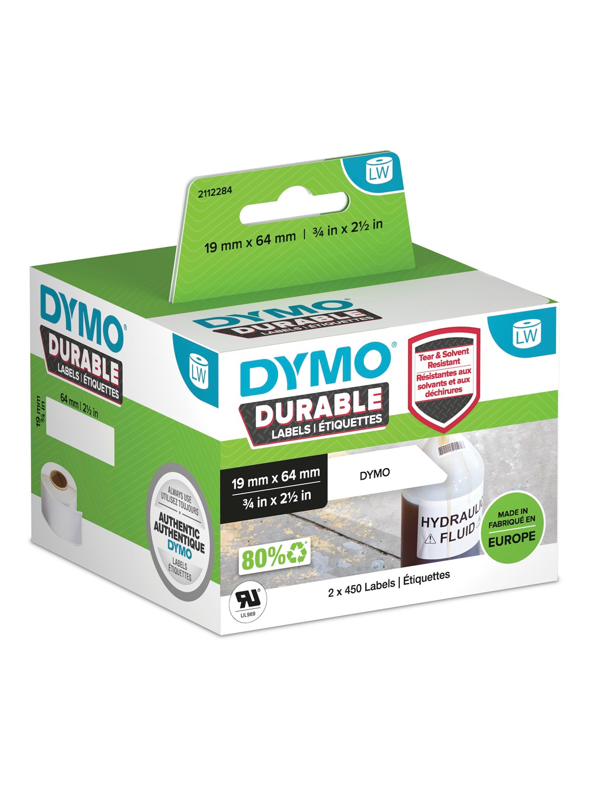 DYMO LabelWiter Hochleistungs-Etiketten | 19 mm x 64 mm | weißes Kunststoff-Etikett | Rolle mit 900 Etiketten