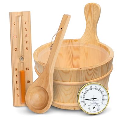 DELUKE® Sauna Eimer mit Kelle [4-tlg.] - Saunakübel, Sanduhr & Thermometer | Sauna Zubehör Wellness Aufguss Komplett Paket - Saunaeimer Set