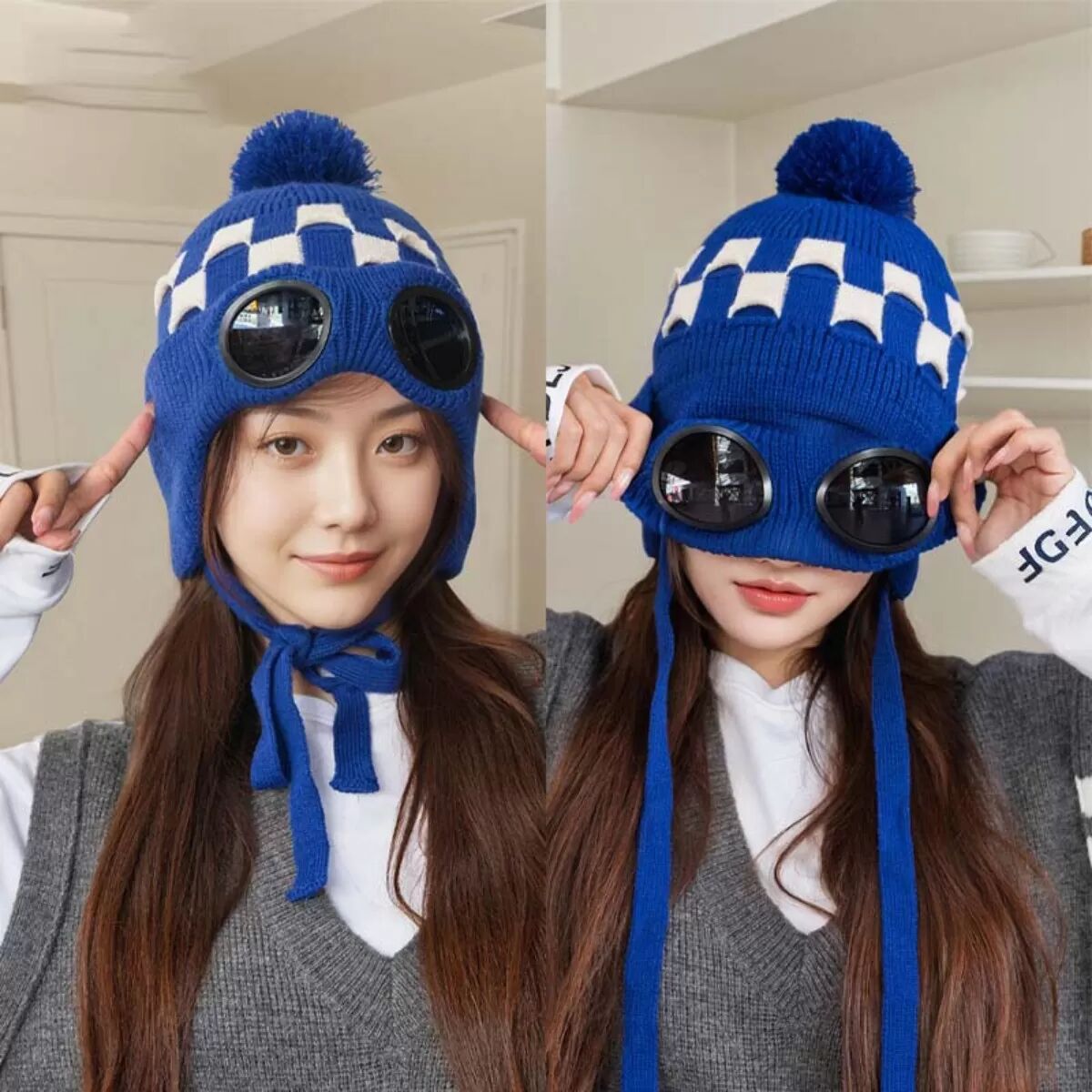 INF Bonnet d'hiver doublé polaire avec lunettes - Chaud bonnet tricoté pour femmes Bleu