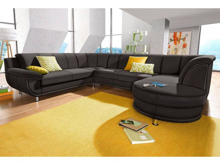Wohnlandschaft, Naturleder & Softlux-Kunstleder, Braun, 320×94 cm, U-Form, Mit Bettfunktion, Trendmanufaktur