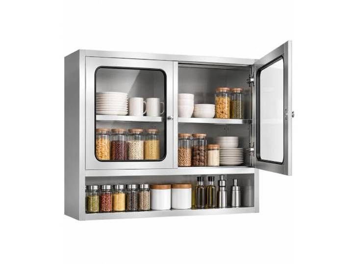 Gtzly Küchen-Wandschrank, Gewürzregal und Weinflaschenregal, Edelstahl 304 Tür aus gehärtetem Glas, Verstellbarer Einlegeboden für Geschirr und Vorräte(39in/100cm)