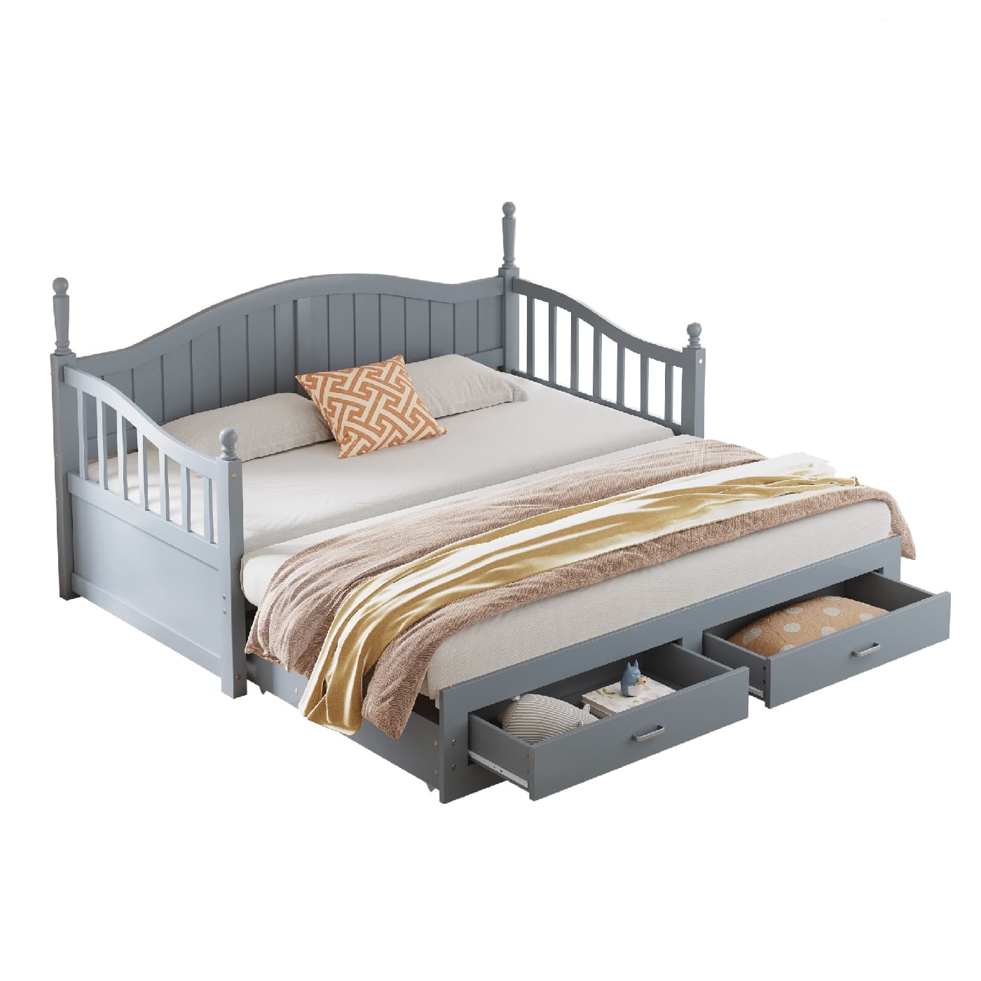 Ausziehbares Schlafsofa(Grau)Multifunktionsbett aus Massivholz,mit römischen Säulen,geschwungener Rückenlehne und Armlehnen,Schubladen und Lattenrost