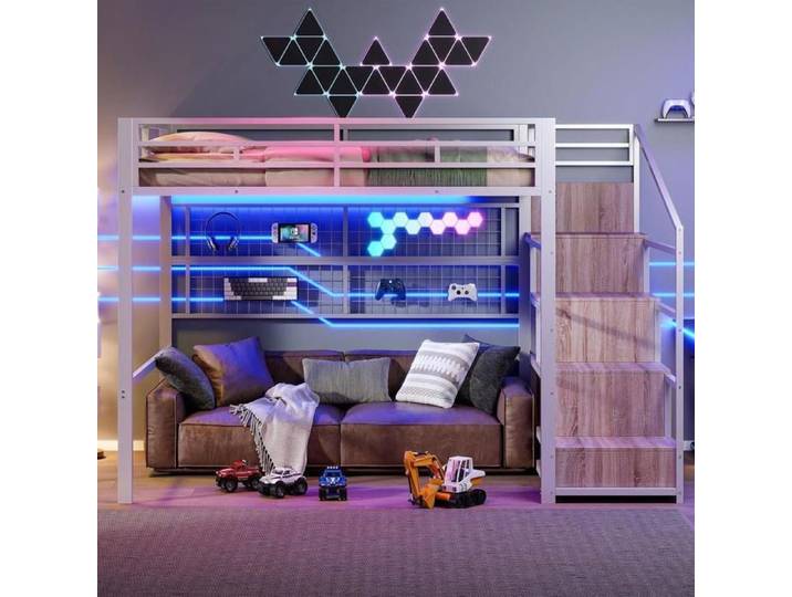 Lit mezzanine - KOMHTOM - 140x200 cm - Cadre métal - Armoire intégrée - LED 7 couleurs