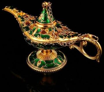 Uplifted Finds Retro Aladdin Magic Lamp Ornament   Large European Metal Decoration   Vintage Russian Style Wishing Lamp Gift gold Green