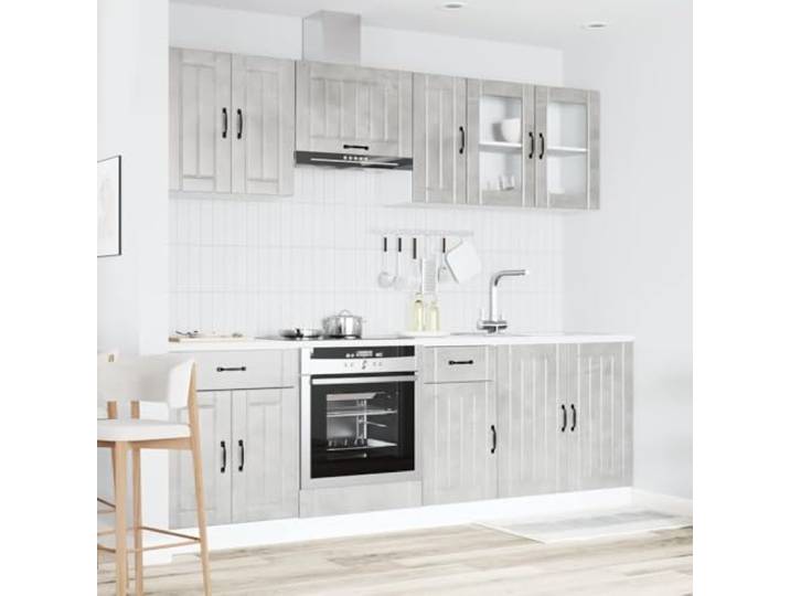 KTHLBRH Küchenmöbel-Set, 8-teilig, Lucca, Grau, Beton, Spanplatte Verstellbare Füße, glatte Oberfläche, einfache Reinigung, großer Raum, dekoratives Glas