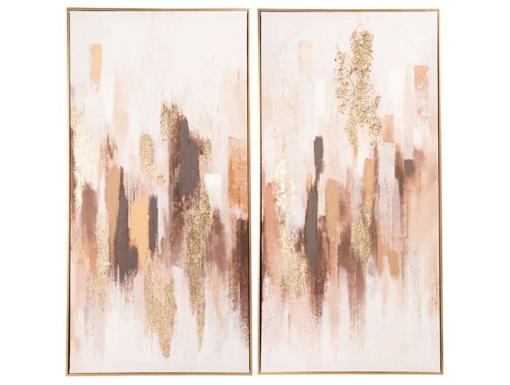 Diptychon-Leinwände, bedruckt und bemalt in Braun und Gold, 90 x 90 cm