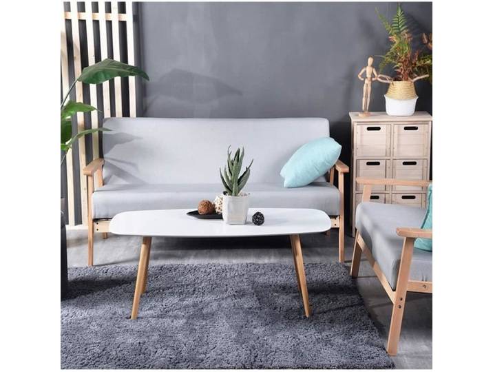 Table basse ovale de salon - style scandinave - Blanc - 110x55x45cm