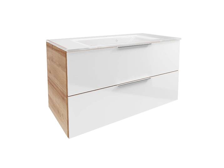 FACKELMANN B.BRILLANT Waschbecken mit Unterschrank 100 cm breit, Weiß Glas/Braun hell, Waschbecken Glas Weiß