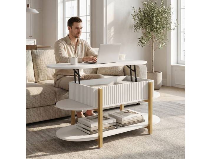 Table basse - URBANLUXE - 106x45x50 cm - Plateau relevable - Rangement ouvert & compartiment caché - Blanc