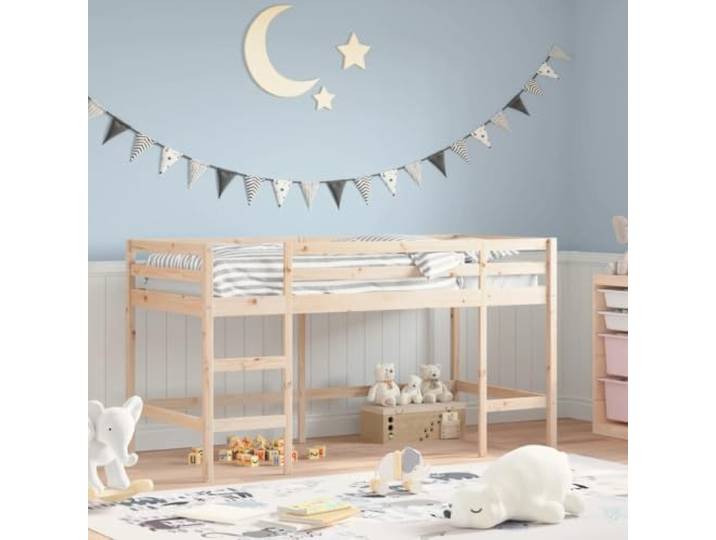 Massives Kiefernholz Hochbett mit Raumoptimierung 80x200 cm Braun Kinderhochbett mit Leiter 80x200 cm Massivholz Kiefer, Hochbett mit Rausfallschutz, Stabil Holz Bett fuer Kinder und