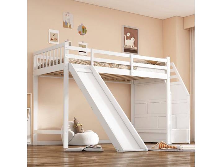 Lit Mezzanine Enfant avec Toboggan - Rangement - Bois Massif - 120 kg