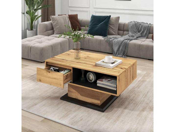Table basse - SOGEU - Design chêne - Chêne/Anthracite - Tiroir sans poignée - Rangement double face