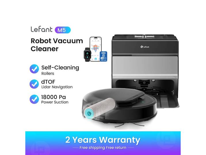 Lefant M5 Omni Robot Aspirateur, 18000 Pa de puissance d'aspiration, Nettoyage automatique instantané avec balai cylindrique, Nettoyage automatique du balai, Balai de 8 mm, WiFi double bande 5G/2,4G