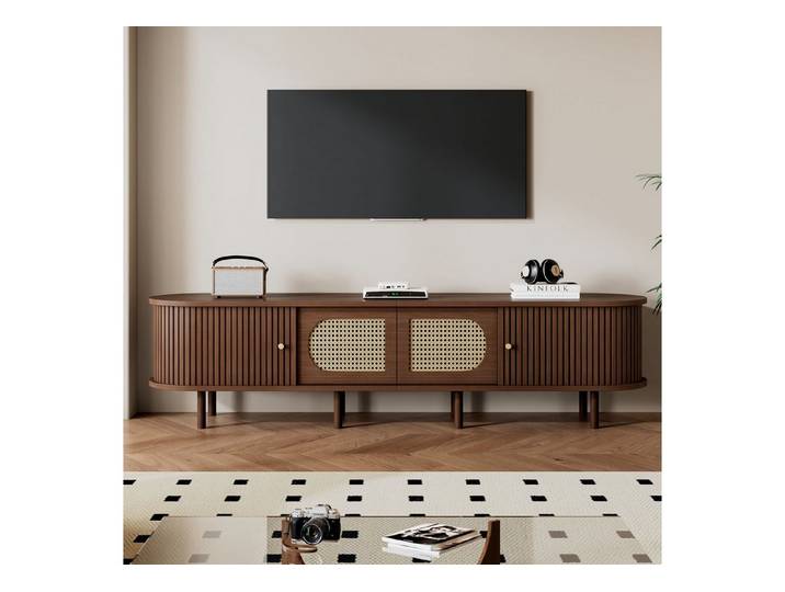 Odikalo TV-Schrank Lowboard TV-Ständer mit Schiebetüren, Rattan-Design (Zwei Schranktüren, zwei Schiebetüren, Wohnzimmerschrank, MDF, Geeignet für Fernseher bis zu 80 Zoll)