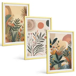 BILDER SET 3er Set - 40x60 cm Goldrahmen - Pflanzenmotive in gedeckten Farben