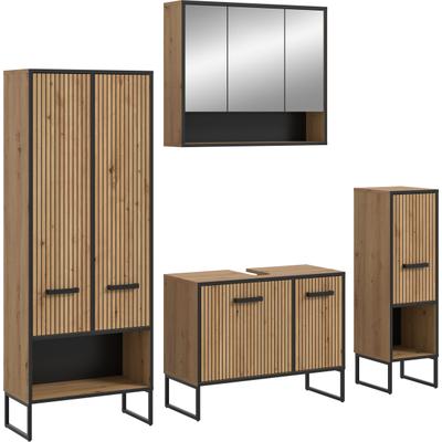 Badmöbel-Set WELLTIME "LOCRI, 4-tlg. Badkombination, Breite 199 cm, Rillenoptik, Metallkufen", braun (artisan oak nachbildung), B:199cm H:192cm T:36cm, Kastenmöbel-Sets, Badmöbel-Set, Bad-Kombination, Bad-Möbel, Badezimmer, Kombination, Kombi