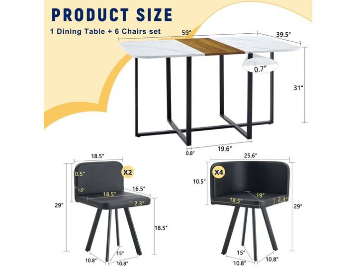 Ensemble table a manger 7 pieces 1 table 6 chaises gain de place plateau en melamine structure metal ORVRYN