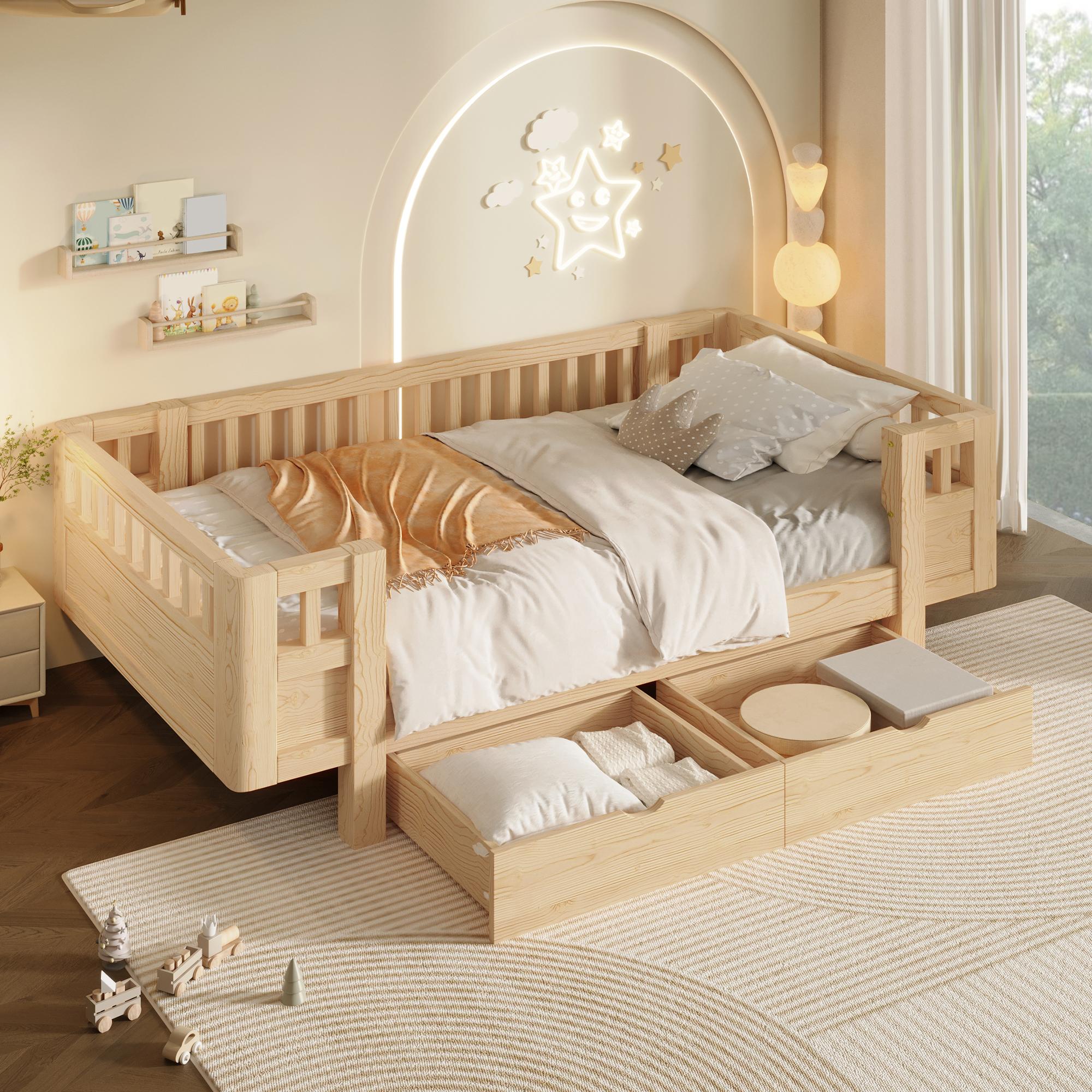 STILVORA Plattformbett 90x200cm mit hohem Schutzgitter, Kinderbett mit 2 großen Schubladen, Funktionsbett mit Stauraum, Holzfarbe