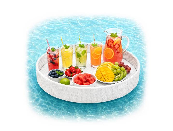 Relaxdays Serviertablett Weiß schwimmend PE-Rattan 80 cm, Metall, Textil, 80x20x80 cm, Geschirr, Tischkultur & Serviergeschirr, Tabletts