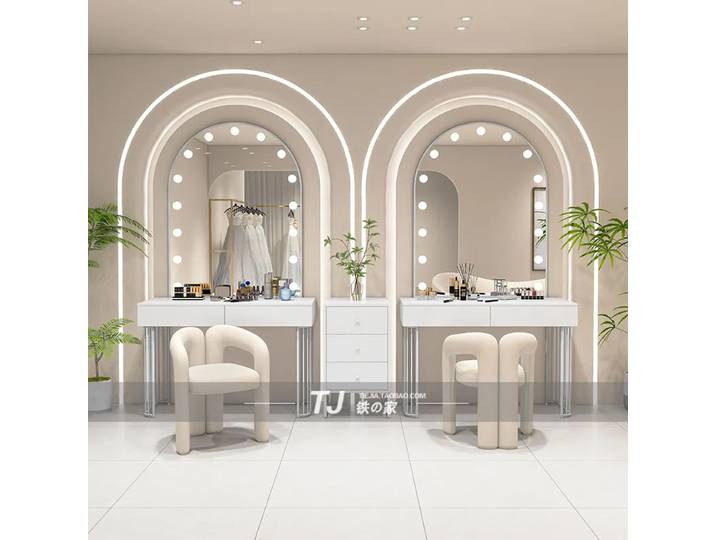 Coiffeuse de maquillage éclairée style crème pour salon de beauté, coiffure et manucure, idéale pour les mariages