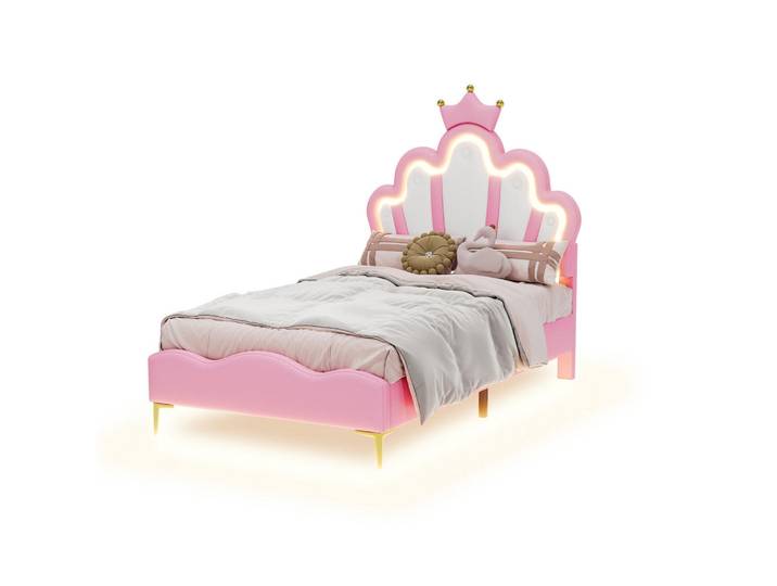 Flieks Flachbett 90x200cm Rosa Kronenform PU-Leder Led, Pink, Holz, 90x200 cm, Schlafzimmer, Betten