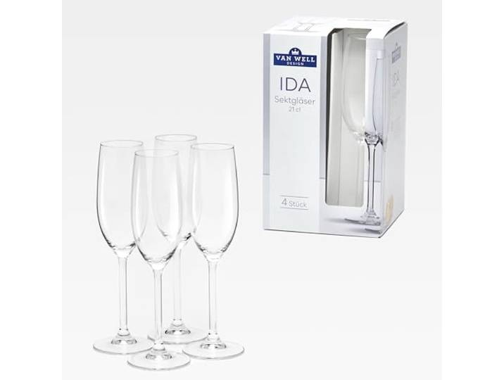 Van Well IDA Sektgläser 21 cl – 4er Set elegante Gläser für Sekt, Prosecco, Champagner – Klare Trinkgläser aus Glas für Alltag & besondere Anlässe, spülmaschinengeeignet