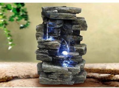 Alpine Corporation 13"" Tall Indoor Tabletop Water Fountain, 4 Tier Cascading Water Feature with LED Lights or Zen Decor, Gray"