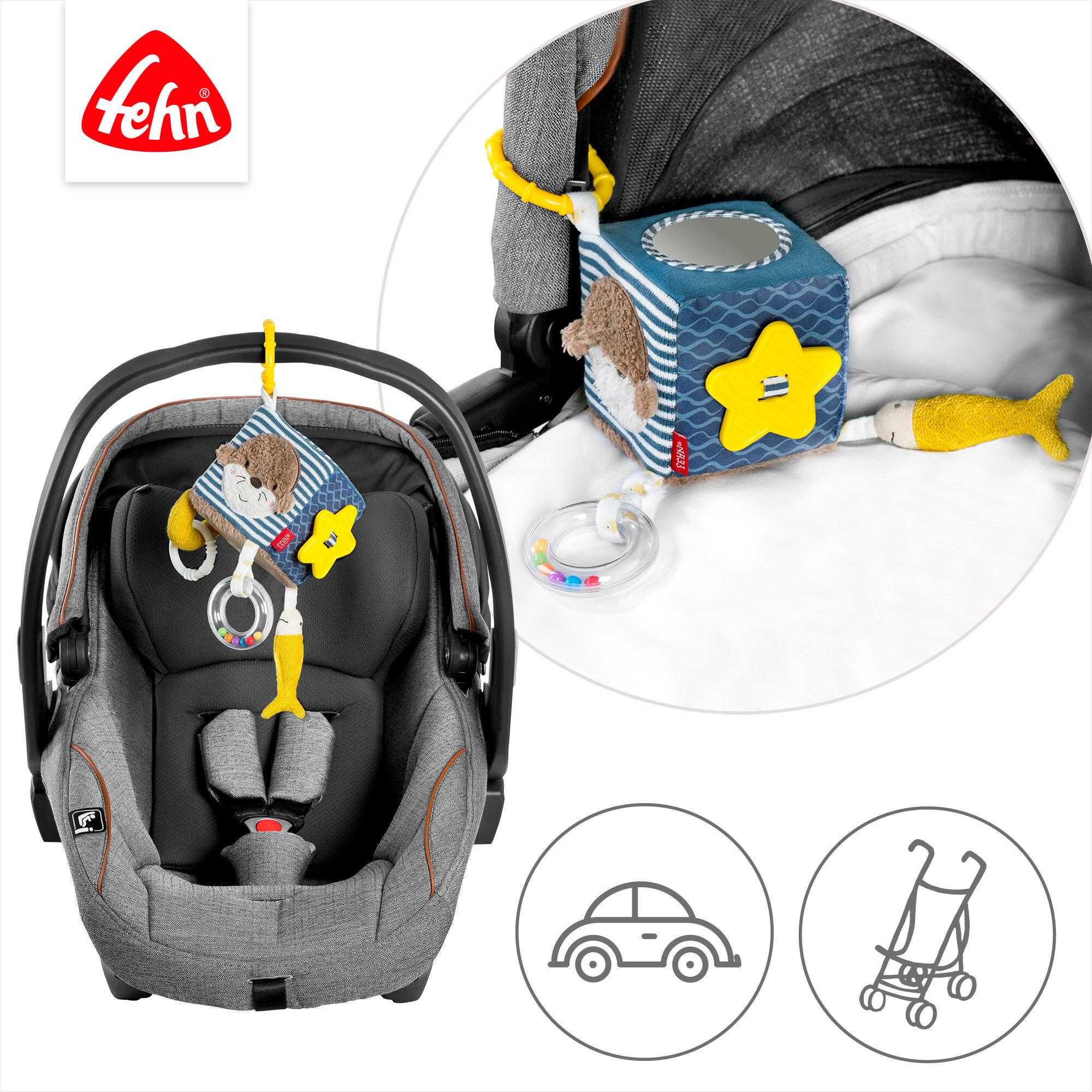 Greifspielzeug FEHN "Otter Theo, Activity-Würfel Otter", bunt, Greifspielzeug, KinderB:10cm H:10cm L:10cm, Plüsch, Softvelour, Stoff, Greifspielzeug, mit Befestigungsring, B:10cm H:10cm L:10cm