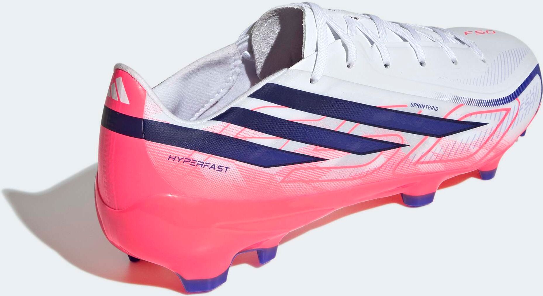 Fußballschuh ADIDAS PERFORMANCE "F50 HYPERFAST LEAGUE, FESTE BÖDEN", Gr. 44, pink (cloud weiß, solar lila, solar turbo), Synthetik, Schuhe Fußballschuh, für Rasen und feste Böden, gespielt bei der Weltmeisterschaft 2026