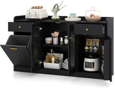 Costway Large Buffet Cabinet Hidden Tilt Out Trash Can Cabinet with 2 Glass Doors-Black