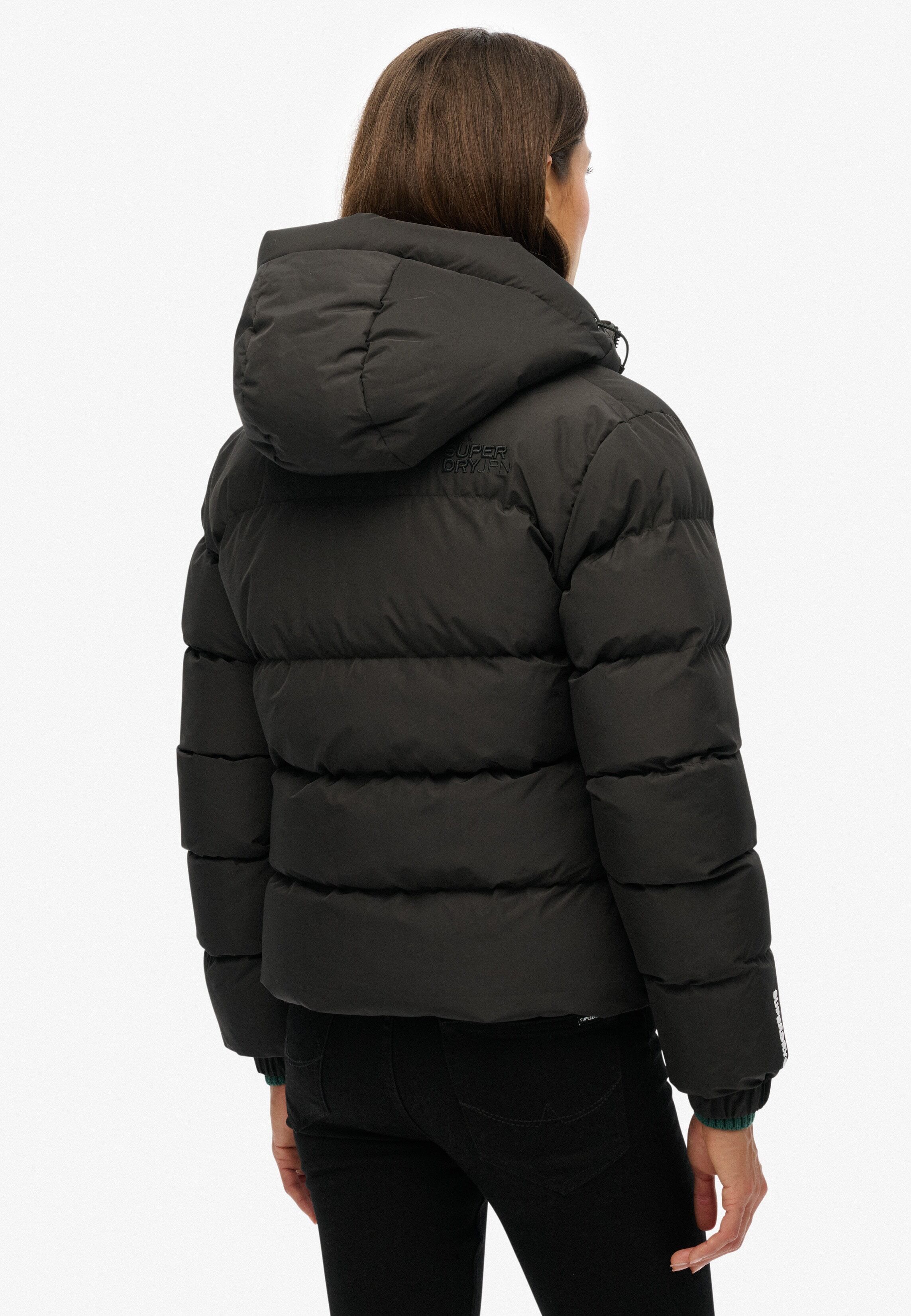 Steppjacke SUPERDRY "HOODED SPORTS PUFFER JACKET", Damen, Gr. XXL, schwarz, Steppware, Obermaterial: 100% Polyester, unifarben, relaxed fit normal, Jacken Steppjacke, Kunstfaser, relaxed fit schwarz XXL